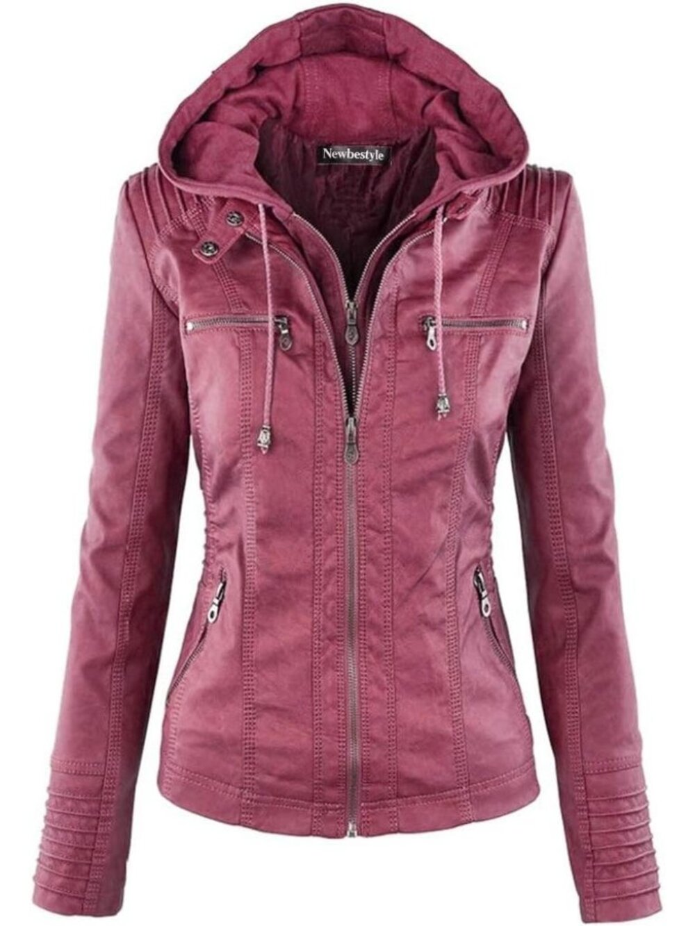 Women’s Burgundy Hooded Faux Leather Motorcycle Jacket Zip Up Casual Biker Coat